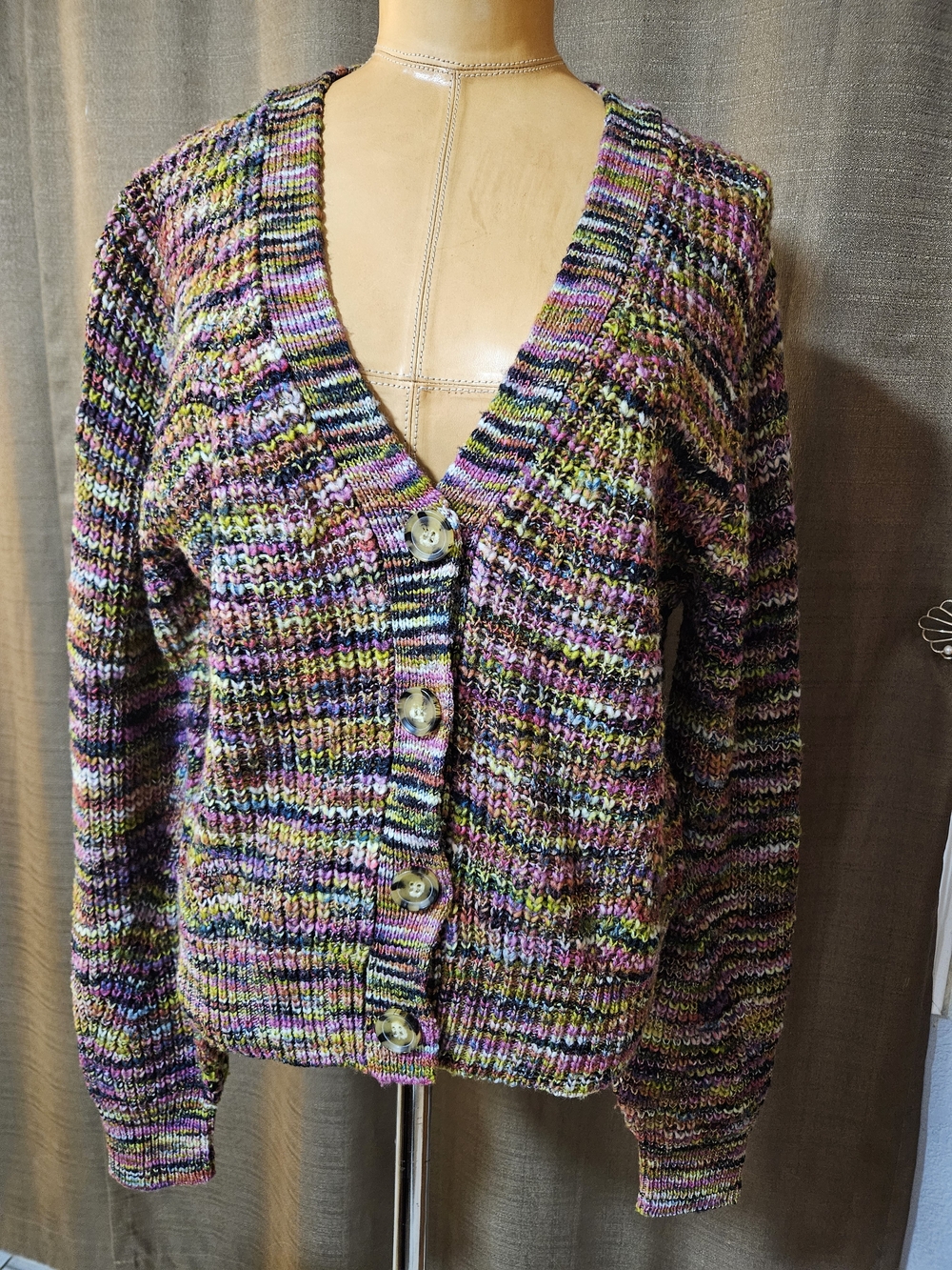 Veronica Beard Multicolor V-Neck Button Cardigan — Purple, Green, Pink, Black